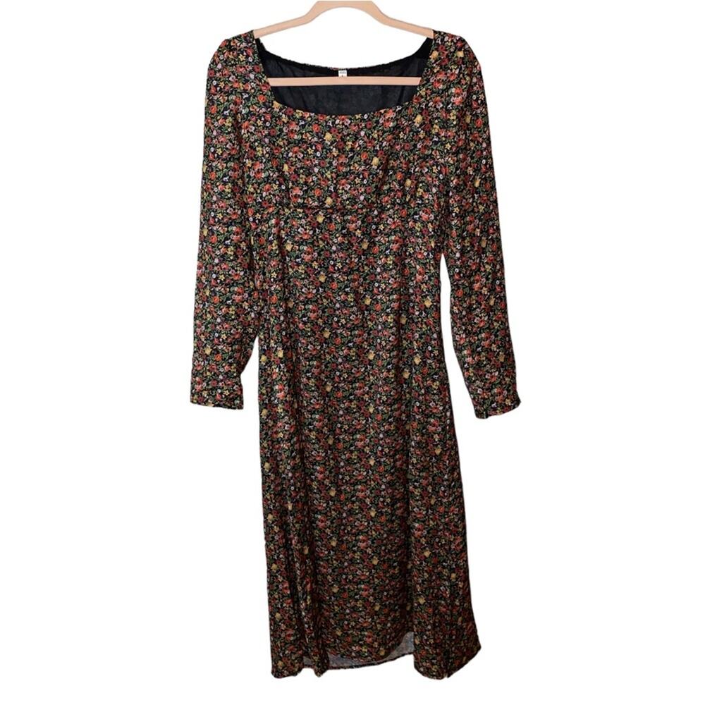 SHEIN Floral Midi Dress Long Sleeve Square Neck Cottagecore Large
